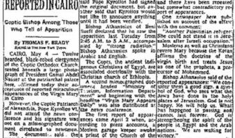 Recorte del New York Times de Mayo de 1968 informando las apariciones de María vistas por miles de egipcios y extranjeros